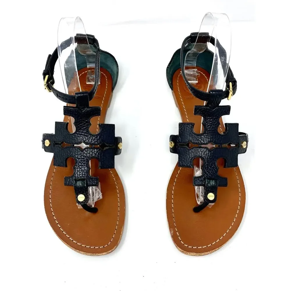Tory Burch Black Leather Double T Logo Thong Sandals Gold Hardware 8.5